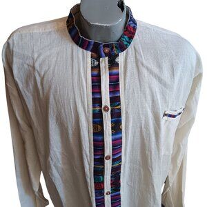 2XL Mens Guatemalan Long-Sleeve White Cotton Shirt Multicolor Striped Accent
